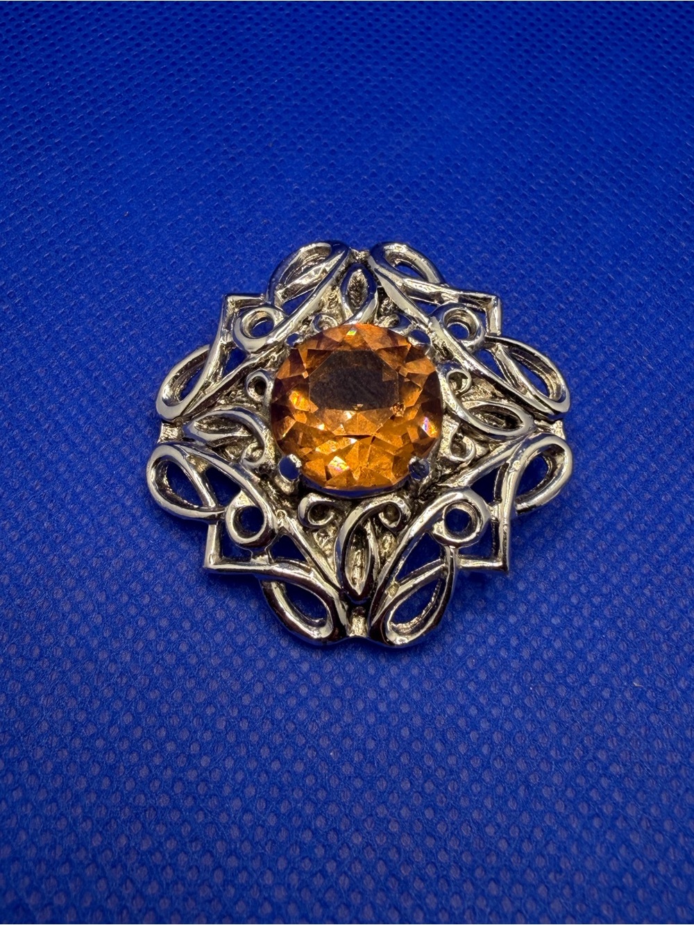 Vintage Silver tone  Tradition Jewellery Filigree Brooch with Amber Crystal